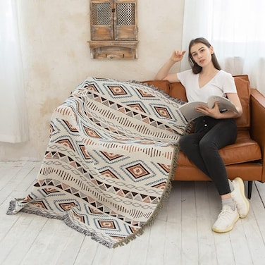 Boho Throw Blankets Knit Bed Blankets with Tassel Aztec Western Throws Cover Farmhouse Decor for All Season Sofa Couch Chair Outdoor Camping Picnic Tent Beach Car Traveling 90*150cm