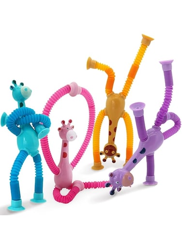 Boxgear 4 Pieces LED Telescopic Suction Cup Giraffe Toy, Shape Changing Telescopic Tube Fidget Toys, Pop Tubes, Fidget Tubes Sensory Toys for Girls Boys (Giraffe)