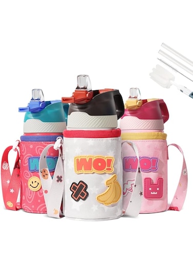 FEIJIAN Kids Stainless Steel Water Bottles with Straw, 12 oz BPA-Free Leak Proof Insulated Water Bottle Double Wall Keep Hot Cold Drinks Thermos Toddler Bottle with Bottle Sleeve