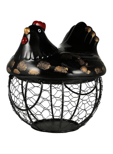 TOMVAES Metal Wire Chicken Egg Basket Fruit Basket Garlic Potato Kitchen Decoration Creative Hen Storage Iron Basket Portable Round Collectiong Basket for Kitchen Supplies (Black)