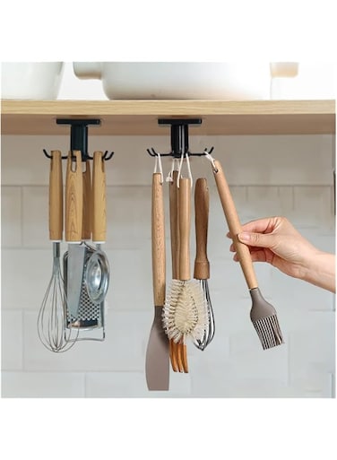 2pcs Under Cabinet Kitchen Utensil Hooks,360&deg; Rotating Drilling Free Adhesive Utensils Hanging Rack for Tools/Towel/Knife (Black)