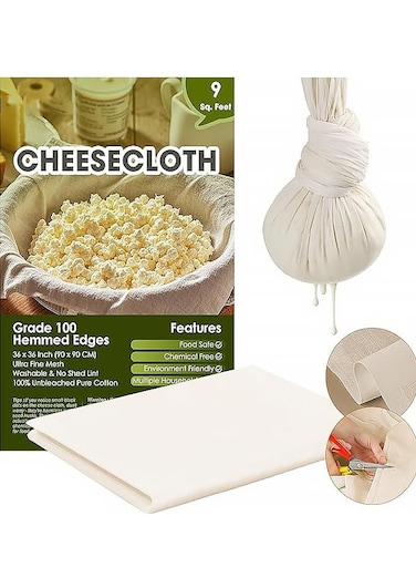 Unbleached Pure Cotton Muslin, Precut Reusable Washable Fine Mesh Hemmed Cheese Cloths - for Straining, Cooking, Cheese Making(90cm*90cm)