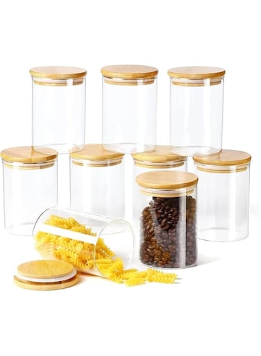 Mash 8-Piece Kitchen Food Storage Round Glass Canister Jar With Airtight Bamboo Lid For Cereals, Pasta, Tea, Coffee, Snacks, And Spices - 500 ML Transparent