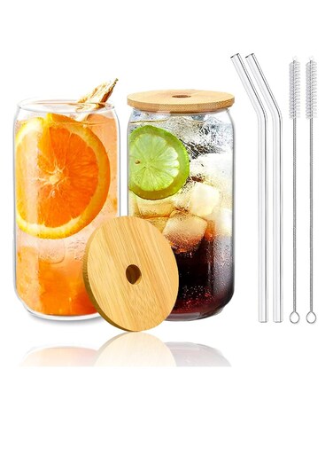 PCS Glass Cups with Bamboo Lids and Straws, 500ML Ice Coffee Cup, Drinking Cup set with Wooden Lids