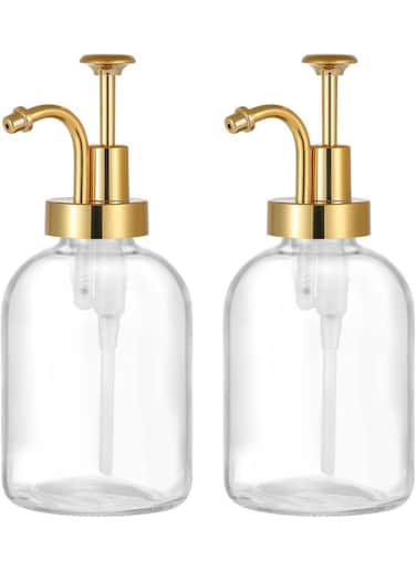 FUFU Coffee Syrup Dispenser for Coffee Bar, Coffee Pump Dispenser, Glass Syrup Bottle w. Pump, 12 oz 350 ml, Set of 2 (Gold)