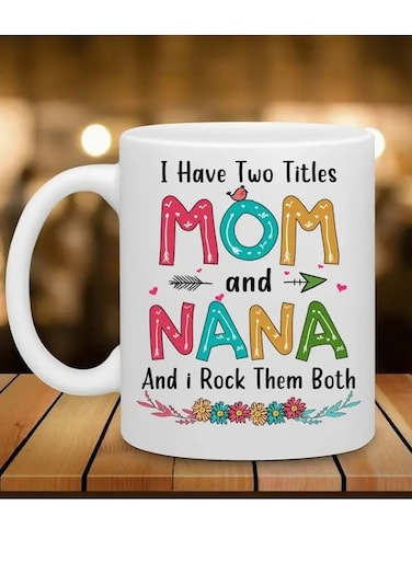 1pc, Dual-Title "Mom &amp; Nana" Ceramic Coffee Mug - Colorful, Playful Lettering with Floral &amp; Bird Illustrations, Food-Safe - Ideal Gift for Mother's Day &amp; Grandma's Birthday, Coffee Bar Accessories