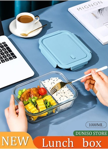 Glass Lunch Box Meal Prep Containers Food Storage Box With Lid Leak Proof Lunch Container Microwavable 1000ML Capacity (Blue, 2 Compartment)