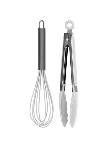 Stainless Steel Silicone Tipped Kitchen Food BBQ and Cooking Tongs for Non Stick Cookware, BPA Fee, Stylish, Sturdy, Locking, Grill Tongs, Gunmetal, Tong and Whisk Set, White