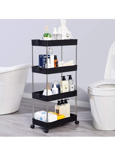 Multi Tier Rolling Trolley Storage Organizer Utility Cart with Hooks &amp; Wheels. Mobile Functional Shelves for Bathroom Kitchen Office and Laundry Room