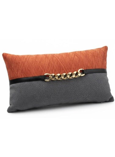 Designer Accent Lumbar Cushion with Gold Chain Center Detail &acirc;&euro;&ldquo; Gray &amp; Orange Cotton, 30&Atilde;&mdash;50 cm