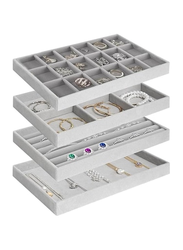 ALANX 4 Pcs Stackable Jewelry Organizer Tray,Jewelry Organizer Drawer Insert,Display Case Storage Containers, Earring Necklace Watch Bracelet Accessary Ring Trays with Removable Dividers (4, Grey)