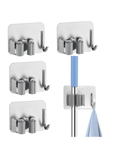 Oasisgalore 5pcs Stainless Steel Mop Holder Wall Mounted Broom Holder Adhesive Mop Hook Broom Organizer Tool Organizer for Bathroom Kitchen