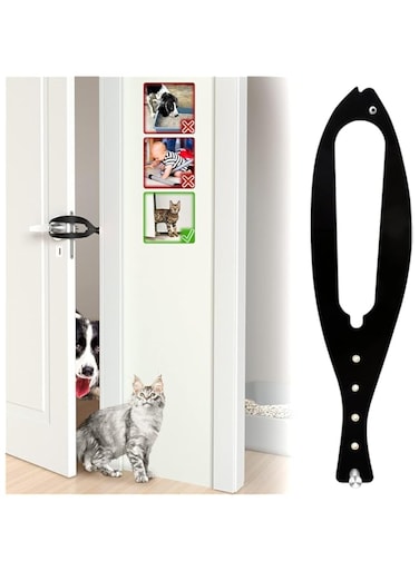 Cat Door Holder Latch Larger Adjustable Cat Door Alternative Fast Latch Strap Let Cats in and Keeps Dogs Out of Litter &amp; Food and Safe Baby Proof No Measuring Easy to Install Black