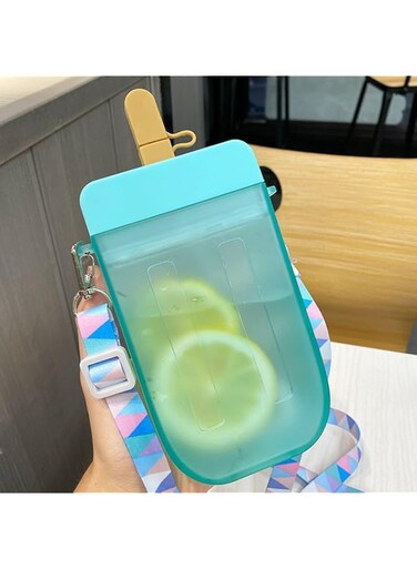 Tazweeq Cute Water Bottle with Straw, 300ml Cute Straw Cup New, Adjustable Shoulder Strap for School Girls, BPA Free Kawaii Drinking Bottles (Blue)