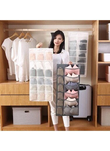 Double-Sided Underwear &amp; Sock Organizer - Dual-Sided Closet Storage Bag with 30 Mesh Pockets - Space-Saving Bra, Briefs, and Accessory Hanger - Transparent Breathable Wardrobe Pantry Organizer