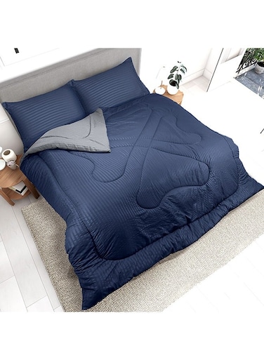Linen Klub Reversible Down Alternative Comforter Set -Ultra Soft Brushed Stripe Microfiber Fabric, 200GSM Soft Fibersheet Filling, Size :Single 160 x 200cm , Color: Navy Blue &amp; Dark Grey