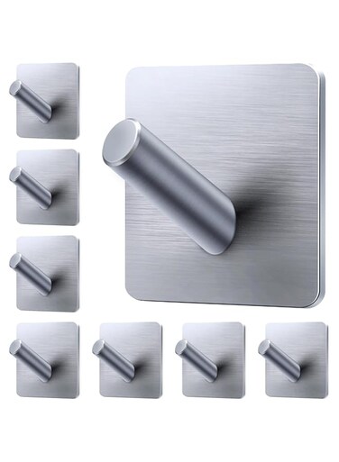 Excefore Heavy Duty Adhesive Hooks, 8 Pack Bath Towel Hooks Hold 44lb, Matte Stainless Steel Bathroom Organizer, Adhesive Wall Hooks for Bathrooms, Coat, Robe, Kitchen, Large Adhesive Hooks, Silver