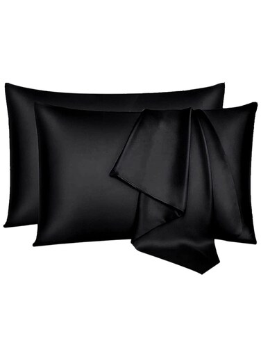Silk Satin Pillowcase for Hair and Skin Queen - Black Silk Pillowcase 2 Pack 76L x 51W CM (30x20 Inches) - Satin Pillow Cases Set of 2 with Envelope Closure (2pcs Black)