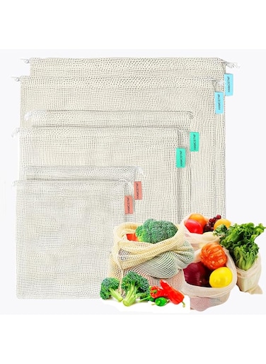 Produce Drawstring Net Bags Reusable - Vegetable Bags, Grocery Bags, Cotton Mesh Bags（6 Pack，2S/2M/2L）