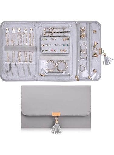 NAWOKEENY Travel Jewelry Roll Bag, Waterproof Foldable Jewellery Organiser Roll with Zippered Pocket, Large Capacity PU Leather Jewellery Storage Organiser for Rings Necklaces Earrings Bracelets