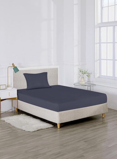 Linen Single Plain Fitted Elastic Bedsheet with 1 Pillow Case 90 x 190 Cm Navy Blue
