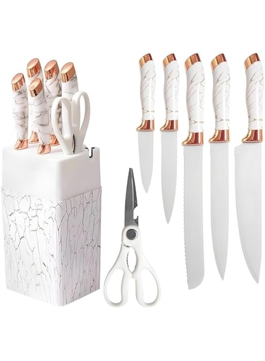 SHOPPING VIBES 7pc Stainless Steel Knife Set for Kitchen &ndash; Sharp Chef Knife, Scissors &amp; Sharpener with Marble Handles &amp; Knife Holder &ndash; Cutlery Set for Home &amp; Professional Chefs! (White)