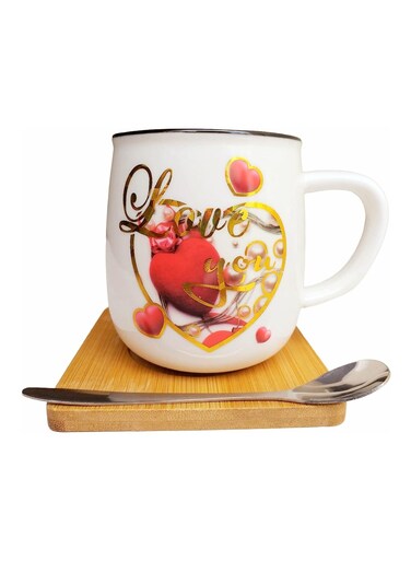 Ceramic Mug With Coaster Pad And Spoon