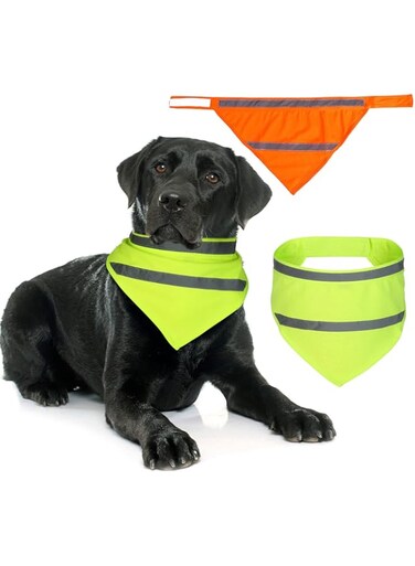 Saintrygo 2 Pieces Dog Bandanas Reflective Dog Scarf Yellow Orange High Visibility Safety Camping Puppy Bandanas Triangle Bibs for Medium Large Pets Cats Puppy(16-20.5 Inches,Halter Neck)