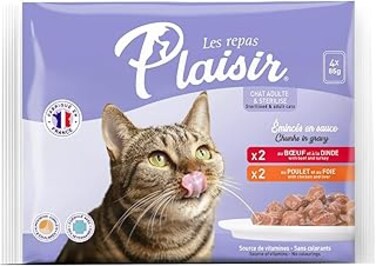 Plaisir Cats Chunks in Gravy 4 Pouches Pet Food of 85G, Wet Cat Food, 2x Chicken, 2x Beef, Veterinary Formulated Food for Cats, Healthy Adult Cat Food