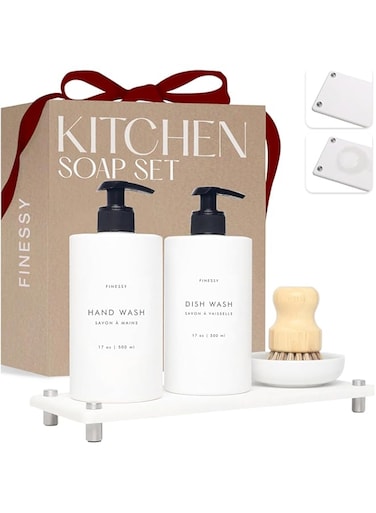 FINESSY Kitchen Soap Dispenser Set with Tray White, Farmhouse Dish and Hand Soap Dispenser Set with Tray for Kitchen, Hand Soap Dispenser with Tray, Lotion, Hand and Dish Soap Dispenser Set Container