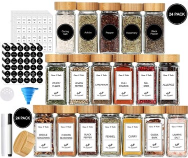24 Pcs Spice Jars with Labels 4oz Glass Spice Jars with Bamboo Lids 120 Labels Stickers, Shaker Lids, Collapsible Funnel, 2 Pens Seasoning Storage Bottles for Spice Rack, Cabinet Drawer