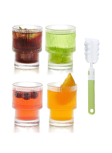 seven Origami Style Glassware Set - 4 Pack 200ml Drinking Glasses and a Cup Brush, - Elegant Vintage Ripple Design - Ideal for Weddings, Water Bars, and Juice