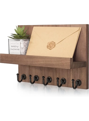 Emapoy Key Holder for Wall, Decorative Mail Organizer Wall Mount with 5 Key Hooks for Home Decor for Living Room, Farmhouse Apartment Essentials (Brown)