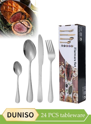 24 Pcs Stainless Steel Cutlery Set, Western Style Kitchen Utensil Set, Mirror Polished Tableware Set, With Knife, Fork, Spoon, Suitable For Family Dining, Kitchen&iuml;&frac14;&OElig;Gatherings, Silver