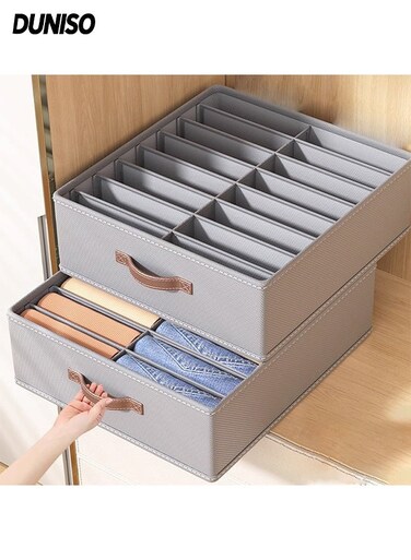 2 Pack Organizer Box with Compartment Dividers,10 Grids Collapsible Linen Storage Bins with Handles ,Multi purpose Storage Container for Home, Bedroom, Closet and Office (Grey)