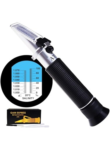 GAIN EXPRESS Dual Scale Salinity Refractometer ATC 0-100ppt (0-10%) &amp; 1.000-1.070 Specific Gravity, Portable Meter Tester for Seawater Salt Sea Water Aquarium Brackish Reef Tank Marine