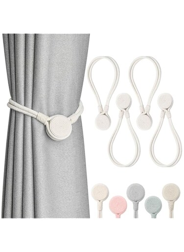 NALACAL Strong Magnetic Curtain Tiebacks, Wooden Medal Shape Decorative Drape Tie Backs, Natural Cotton Rope Hand-Woven Curtain Holdbacks, for Home &amp; Office Draperies Decor (Beige) (4 Pack)