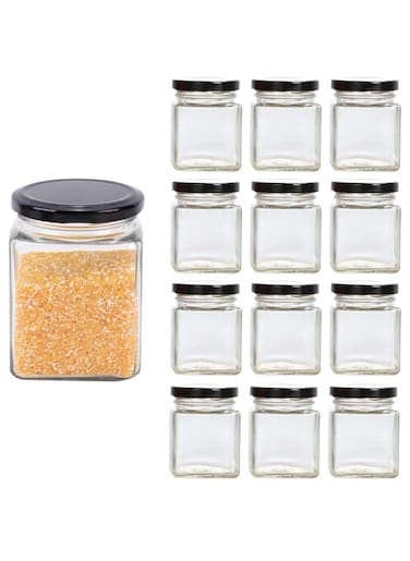 12Pcs 4oz square jar with black sealed metal regular lid sealed transparent glass jar, used as dessert, coffee beans, seasoning, honey, jam, jelly