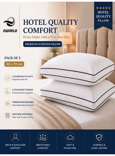 Set of 2 Premium Hotel-Quality Pillows, Crafted with Firm and Supportive Gusseted Design, Ideal for Side and Back Sleepers, Enjoy Cooling Down Alternative Fill for Luxuriously Fluffy Softness, 50x70cm