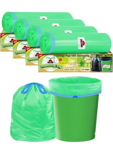 Premium OXO Biodegradable Drawstring Garbage Bag, 60 Bags, 60x81cm, Green, Heavy Duty Leak Proof Lavender Scented Trash Bags for Home and Office Use