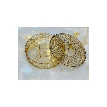 Round Decorative Candy Serving Tray with Lid, 5 Compartments, Gold Geometric Pattern.