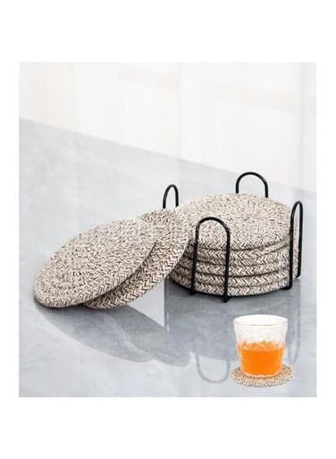 8 Pcs Drink Coasters with Holder, Minimalist Cotton Woven Absorbent Coaster Set for Home Decor Tabletop Protection Suitable for Kinds of Cups，4.3 inches Mixed Beige