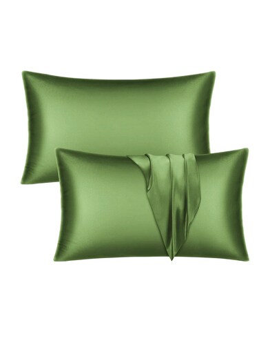 Satin Silk Pillow Case Cover for Hair and Skin, Soft Breathable Smooth Both Sided Silk Pillow Cover Pair (Queen - 50 x 75cm - 2pcs - Bean Green)
