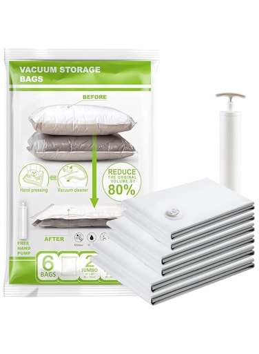 RKINC Vacuum Storage Bags 6 Bags - 2 Jumbo + 2 Large + 2 Medium Reusable Compressed Storage Bags with Ziplock &amp; Travel Pump for Duvets, Clothes, Quilts, Bedding, Pillows, Sweater, Comforter, Dress