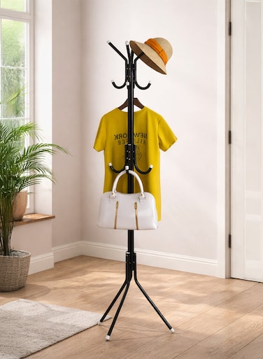 3-Tier Metal Clothes and Coat Hanger Rack Stand &acirc;&euro;&ldquo; Heavy Duty Freestanding Hall Tree Garments Rack Organizer with 12 Hooks and 3 Legs for Hanging Abayas, Bags, Caps, Clothes, Coats, Hats, Jackets, Kanduras, Scarves, Shawls, Sweaters, Umbrellas and Everyday Essential &acirc;&euro;&ldquo; Open Armoire Modern Entryway Quick-Access Storage Garment Stand &acirc;&euro;&ldquo; Black, 175cm