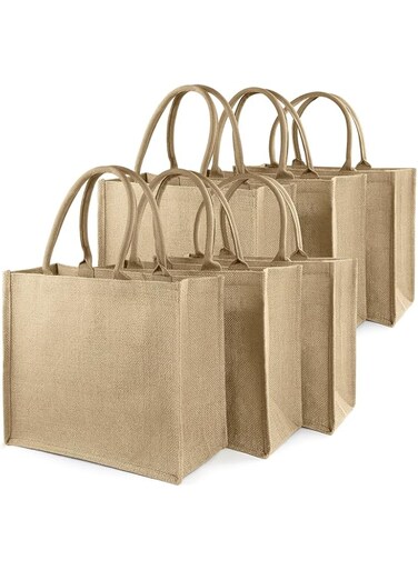 Ayieyill Jute Tote Bags, Burlap Bags with Laminated Interior and Soft Handles, Reusable Shopping Bags Grocery Bag, L-horizontal 6pcs, Large
