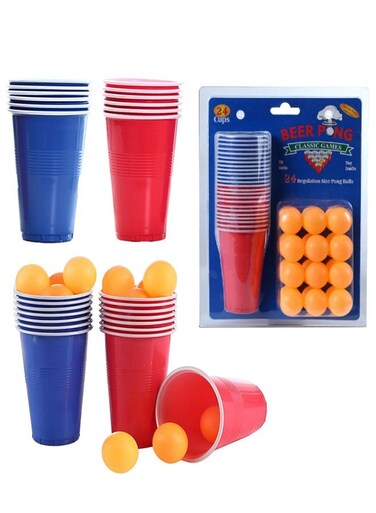Beer Pong Game Set 24PCS Plastic Game Cups with 24PCS Pong Balls Outdoor Camping Pub Party Supplies (Red Cups 12+Blue Cups 12+Balls 24)