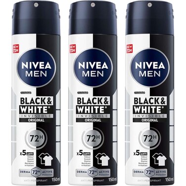 Nivea Men Antiperspirant Spray for Men, Black &amp; White Invisible Protection Original, 3x150ml