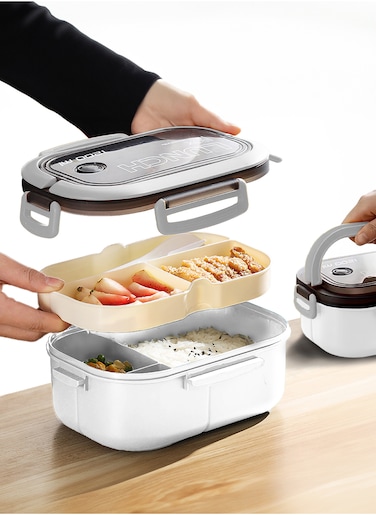 YAH Leak-Proof Bento Lunch Box - 2 Layers and 6 Compartments, Model: LunchMate - Microwave &amp; Dishwasher Safe, Includes Spoon &amp; Fork - Convenient Handle for School, Work, and Travel