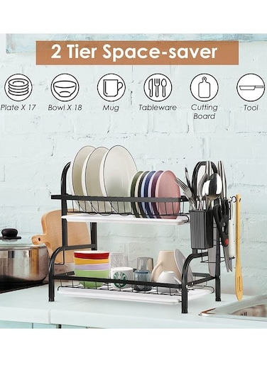 2-Tier Spice Saver Dish Rack With Drain Board